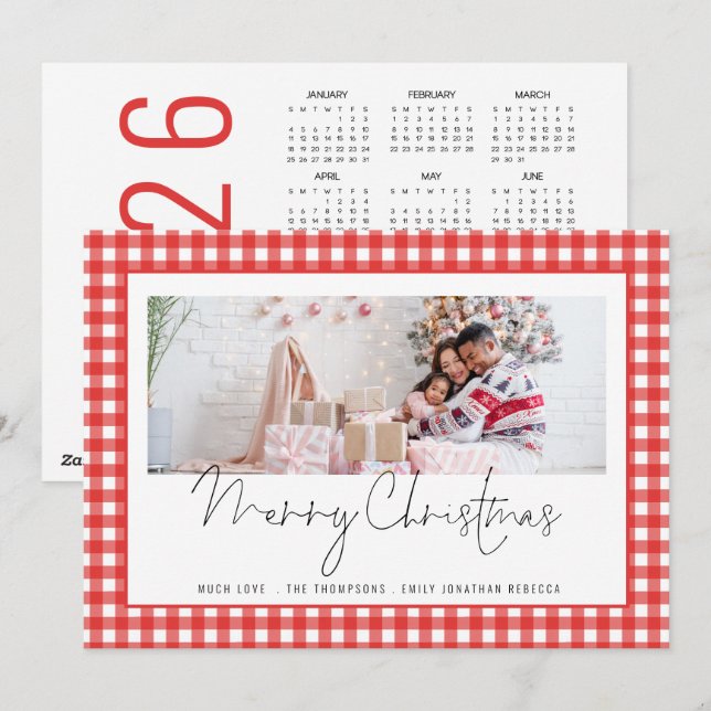 Photo 2026 Calendar Red Gingham Merry Christmas  Holiday Card (Front/Back)
