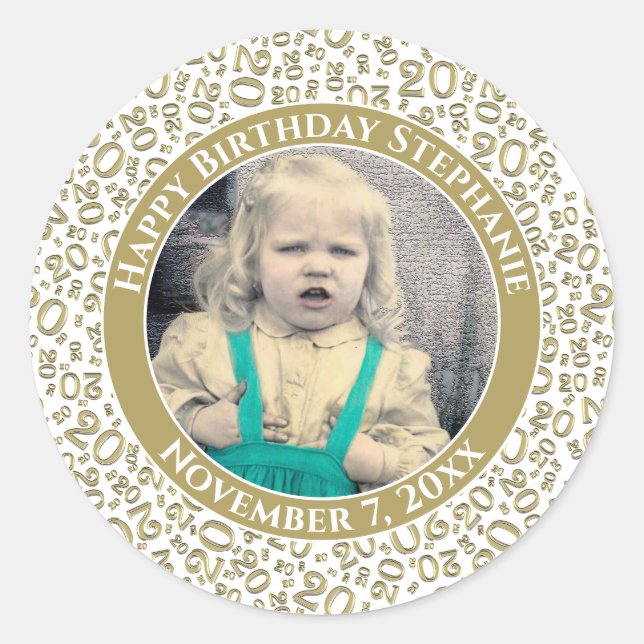 Photo | 20th Random Number Pattern Gold/White Classic Round Sticker (Front)