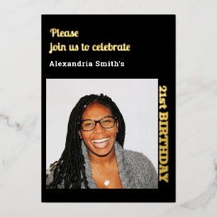 Photo 21e anniversaire Black Gold Foil Invitation