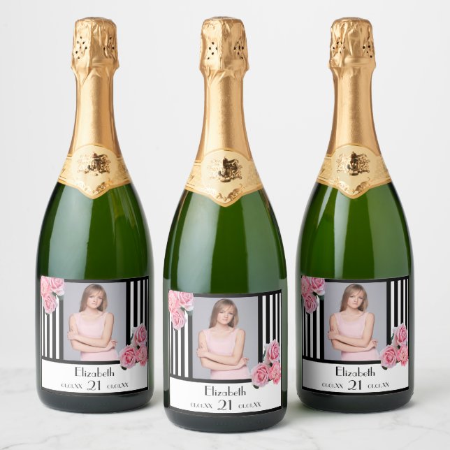 Photo 21st birthday black white stripes floral sparkling wine label (Bottles)