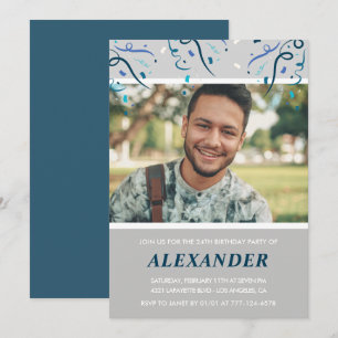 Photo 24th birthday invitations him Blue Confetti