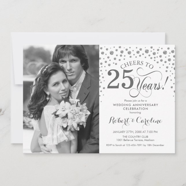 Photo 25th Wedding Anniversary - Silver White Invitation (Front)