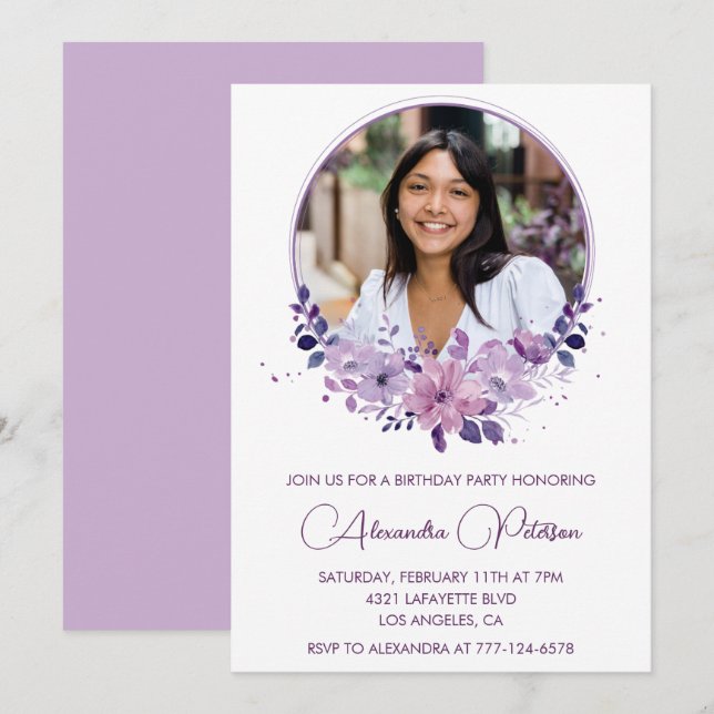 Photo 26th birthday invitation Purple Floral (Front/Back)