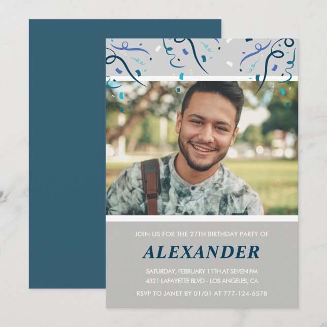 Photo 27th birthday invitations him  Blue Confetti (Front/Back)