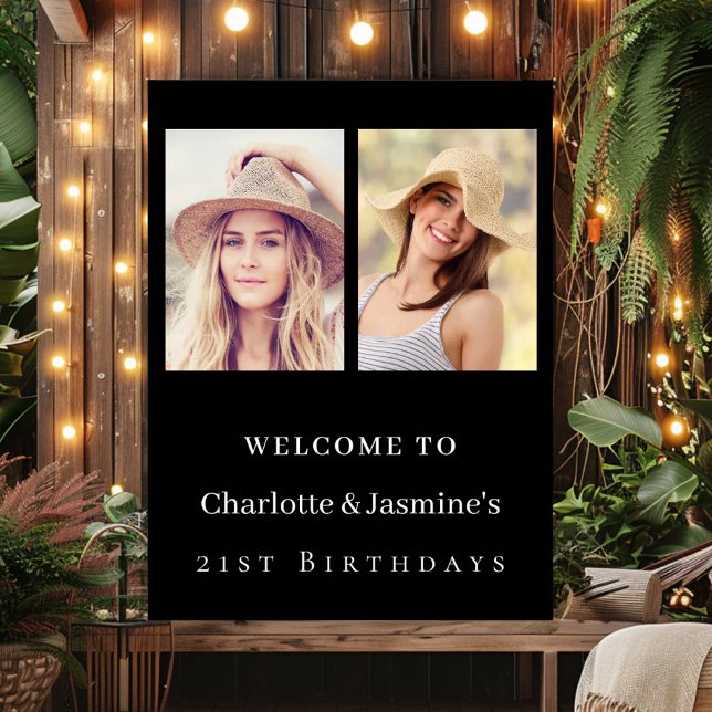 Photo 2 persons birthday modern black welcome poster (Creator Uploaded)