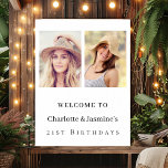 Photo 2 persons birthday modern welcome poster<br><div class="desc">A photo welcome poster for 2 persons,  friends,  sisters,  twins.  A modern white background. Personalize and add 2 photos,  names and date(s)</div>