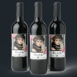 Photo 30th birthday black stripes floral monogram wine label<br><div class="desc">For an elegant and fun 30th birthday party. Classic slim black and white vertical stripes as background.  With girly and feminine flowers,  pink roses and peonies as decoration.  
A frame on front with template for the age 30,  a name and dates. Template for your own vertical photo.</div>