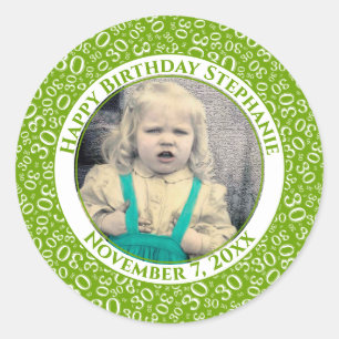 Photo 30th Random Number Pattern Green/White Classic Round Sticker