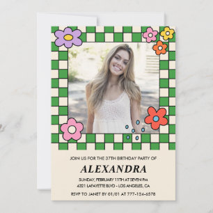 Photo 37th birthday invitation Retro Groovy Floral
