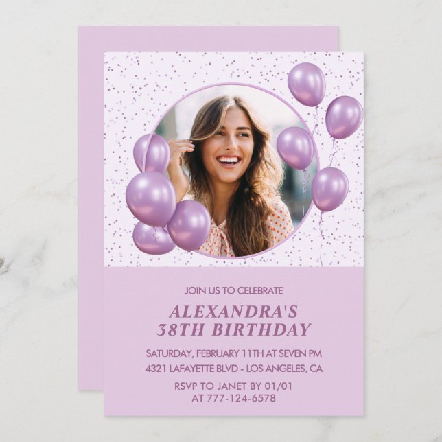 Photo 38th birthday invitations Balloons  Purple (Front/Back)