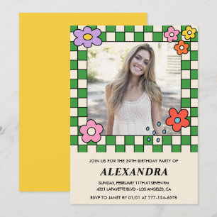Photo 39th birthday invitation Retro Groovy Floral