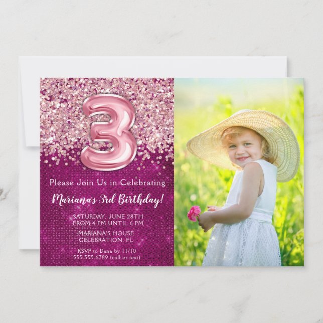 Photo 3rd Birthday Invitation Magenta Pink Glitter (Front)