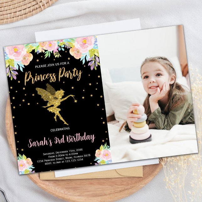 Photo 3rd Black Floral Princess Birthday Invitation (Photo 3rd Black Floral Princess Birthday Invitation)