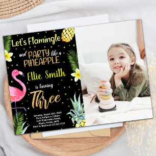 Photo 3rd Black Glitter Flamingo Pineapple Invitation
