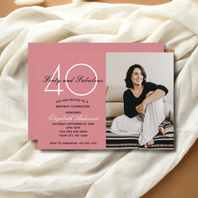 Photo 40 et Fabulous Pink Anniversday Invitation (Photo Pink 40th birthday invitation for her. Printed or Digital Download)