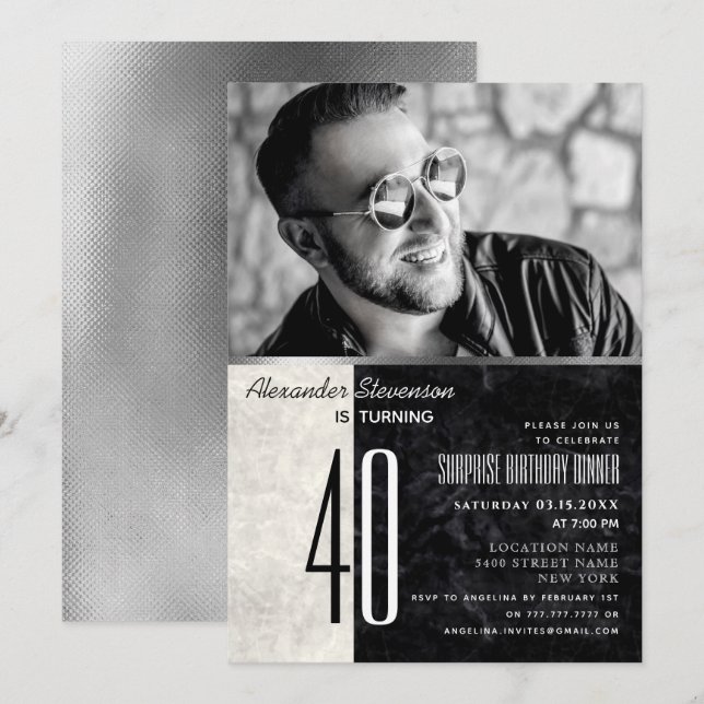 Photo 40th Birthday , Black and White Marble Invitation (Front/Back)