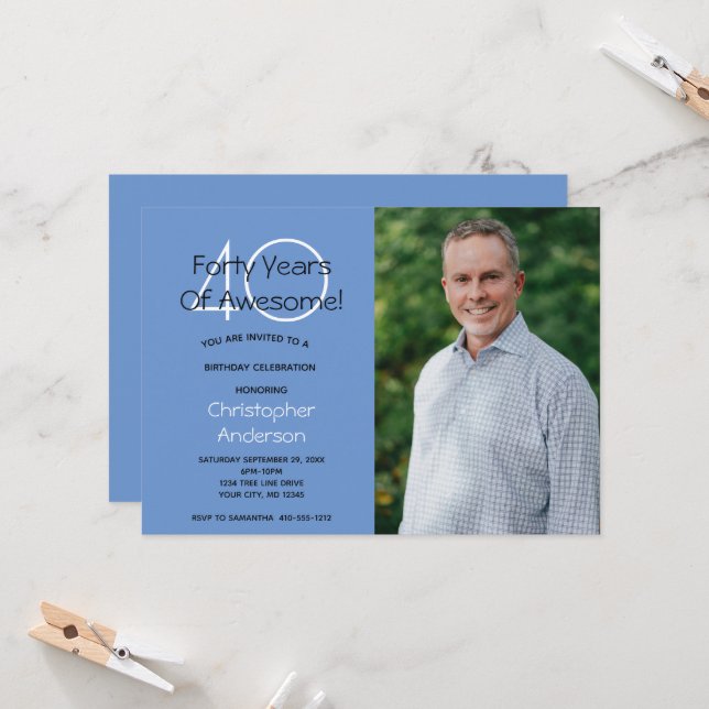 Photo 40th Birthday Party Invitation for Him (Front/Back In Situ)
