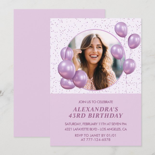 Photo 43rd birthday invitations Balloons  Purple (Front/Back)