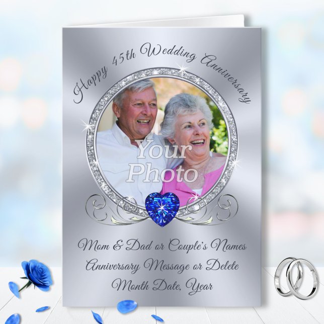 PHOTO, 45th Wedding Anniversary Cards for Parents (45th sapphire wedding anniversary cards, for Parents, Husband and Wife, Friends and Family. )