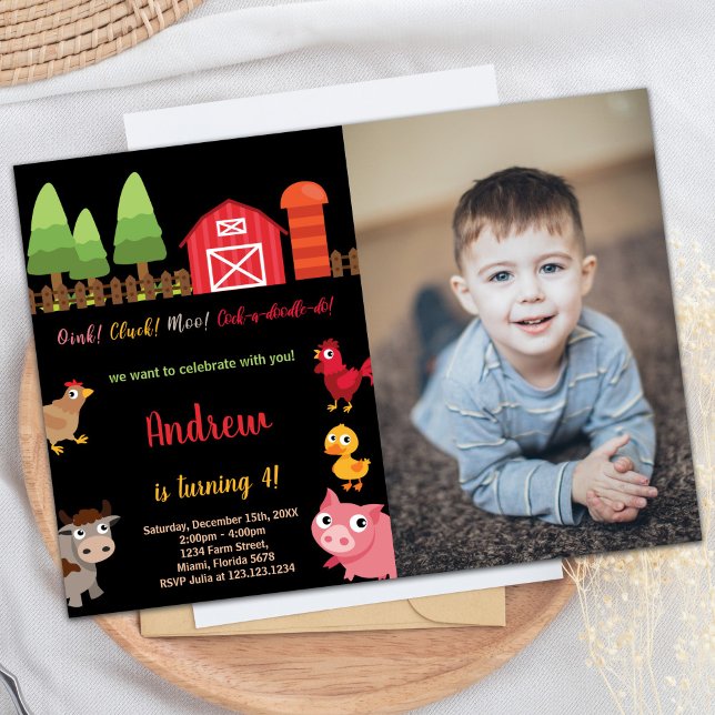 Photo 4th Black Red Farm Animals Birthday Invitation (Photo 4th Black Red Farm Animals Birthday Invitation)