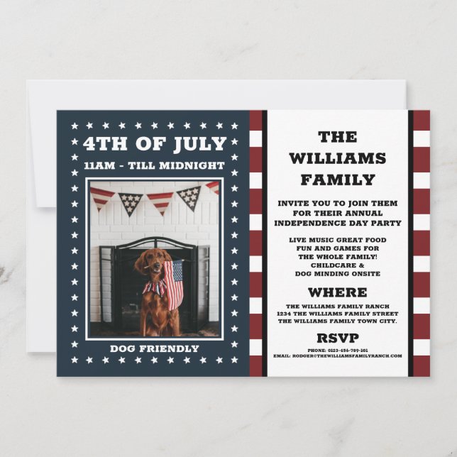 Photo| 4th of July | Family | Dog | Red White Blue Invitation (Front)