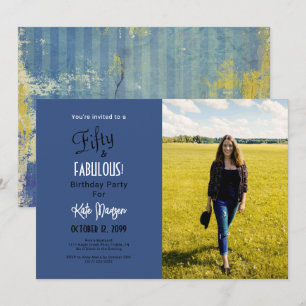 Photo 50 & FABULOUS 50th Birthday Party Blue Invitation
