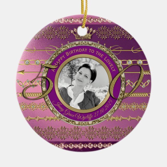 Photo 50th Birthday Crown Gold Diamond Frame Ceramic Ornament (Front)