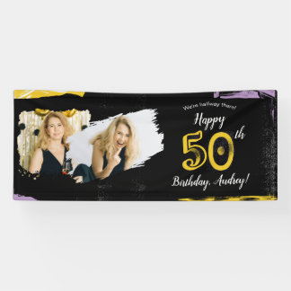 Photo 50th Birthday Party Banner Black Gold