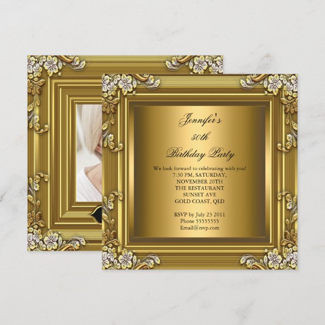 Photo 50th Birthday Party Elegant Gold Black Invitation (Front/Back)