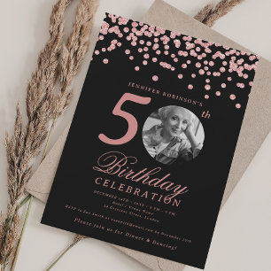 Photo 50th Birthday Rose Gold Confetti Black Invitation
