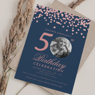 Photo 50th Birthday Rose Gold Confetti Navy Blue  Invitation