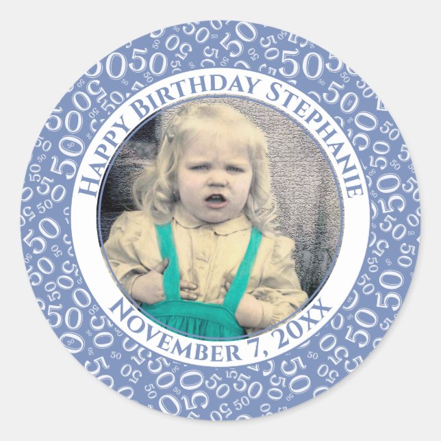 Photo 50th Party Random Number Pattern Blue Classic Round Sticker (Front)