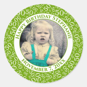 Photo 50th Party Random Number Pattern Green Classic Round Sticker