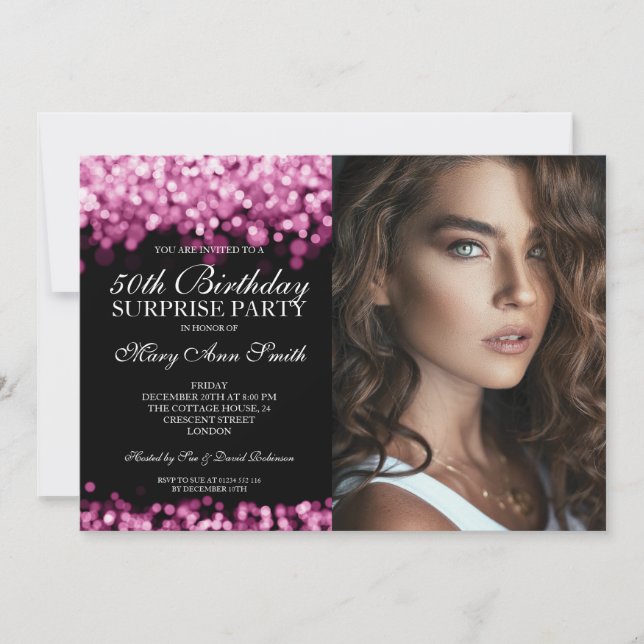 PHOTO 50th Surprise Birthday Rose Gold Lights Invitation (Front)
