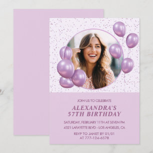 Photo 57th birthday invitations Balloons  Purple