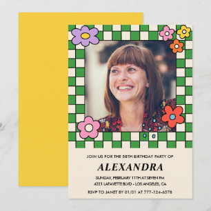 Photo 58th birthday invitation Retro Groovy Floral