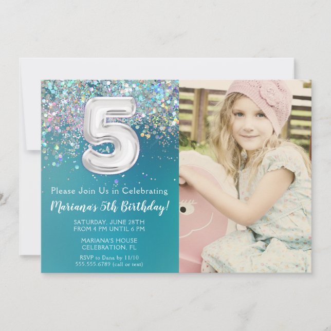 Photo 5th Teal Silver Glitter Birthday Invitation (Front)