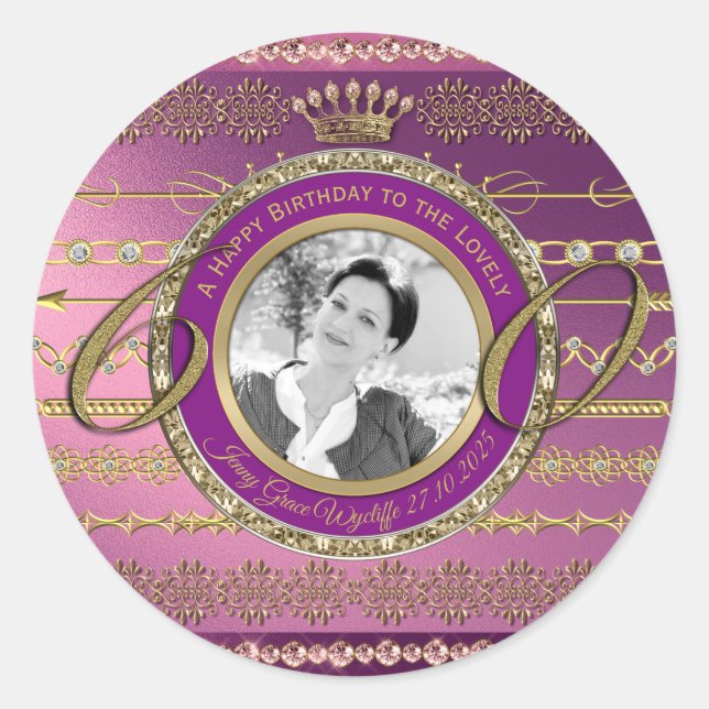Photo 60th Birthday Gold Crown Diamond Frame Classic Round Sticker (Front)