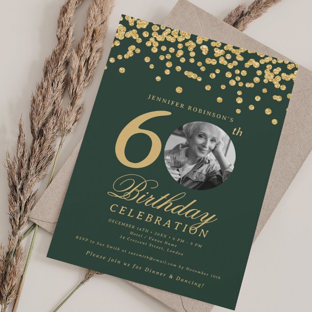 Photo 60th Birthday Gold Glitter Confetti Green  Invitation (Photo 60th Birthday Gold Glitter Confetti Green Invitation)