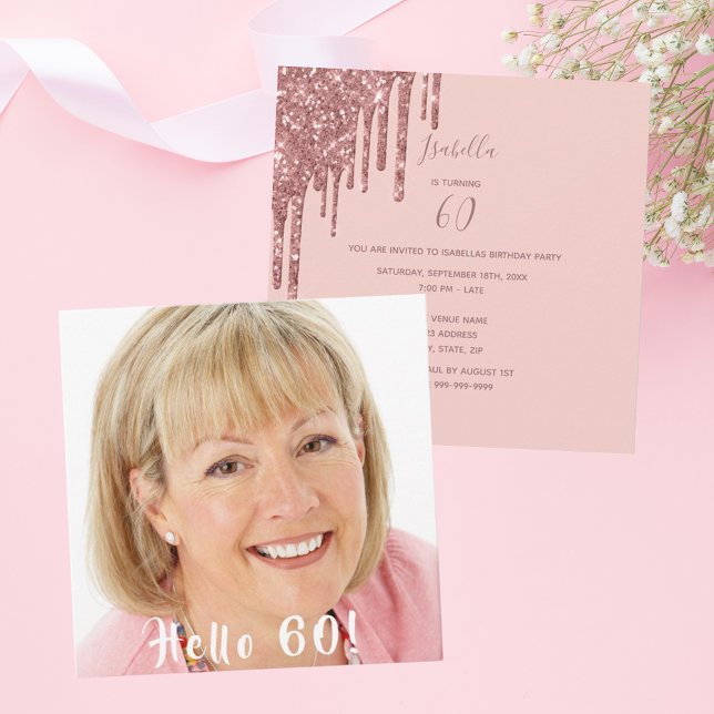 Photo 60th birthday party hello 60 glitter invitation (Creator Uploaded)