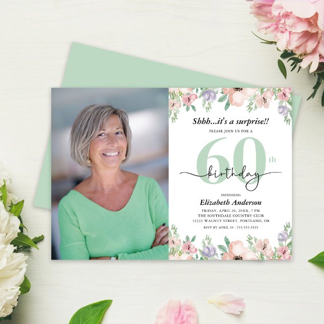 Photo 60th Birthday Party Pastel Floral  Invitation (Creator Uploaded)