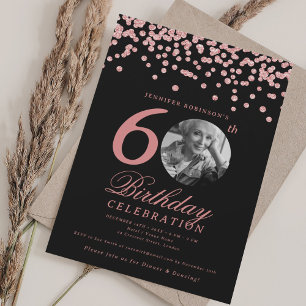 Photo 60th Birthday Rose Gold Confetti Black Invitation