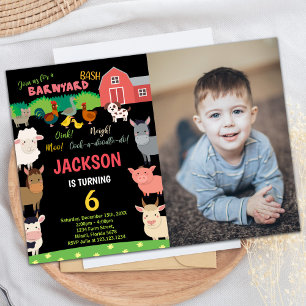 Photo 6th Black Farm Animals Birthday Invitations