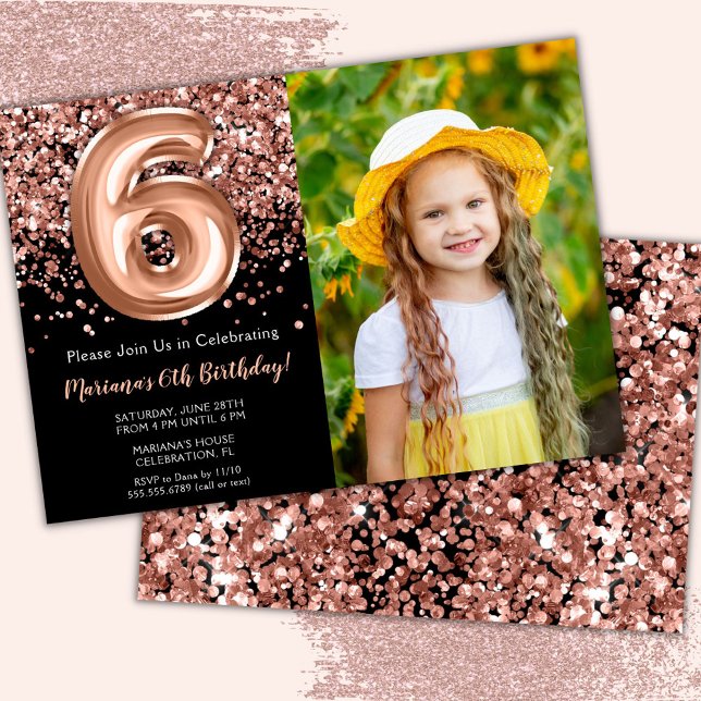 Photo 6th Black Rose Gold Glitter Birthday Party Invitation (Creator Uploaded)