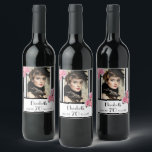 Photo 70th birthday black white stripes floral wine label<br><div class="desc">For an elegant and fun 70th birthday party. Classic slim black and white vertical stripes as background.  With girly and feminine flowers,  pink roses and peonies as decoration.  
A frame on front with template for the age 70,  a name and dates. Template for your own vertical photo.</div>