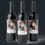 Photo 70th birthday black white stripes floral wine label<br><div class="desc">For an elegant and fun 70th birthday party. Classic slim black and white vertical stripes as background.  With girly and feminine flowers,  pink roses and peonies as decoration.  
A frame on front with template for the age 70,  a name and dates. Template for your own vertical photo.</div>