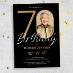 Photo 70th Birthday Gold Black Simple Chic Custom Invitation<br><div class="desc">Photo 70th Birthday Gold Black Simple Chic Custom Invitation. Celebrate your milestone birthday in sleek, modern style with our "Minimalist Chic" theme design, where the simplicity of Minimalist elegance meets the allure of Custom Photo personalization. This simple and chic design allows your custom photo to take centre stage, making your...</div>