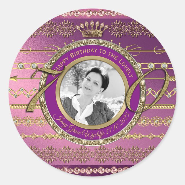 Photo 70th Birthday Gold Crown Diamonds Frame Classic Round Sticker (Front)