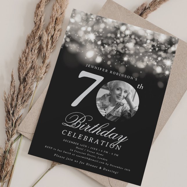 Photo 70th Birthday Silver Midnight Glam  Invitation (Photo 70th Birthday Silver Midnight Glam Invitation)
