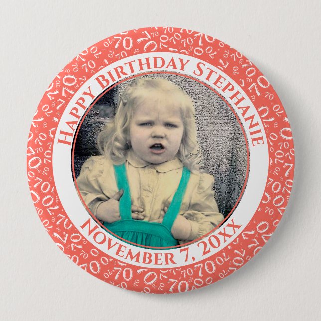 Photo 70th Random Number Pattern| Coral/White 4 Inch Round Button (Front)